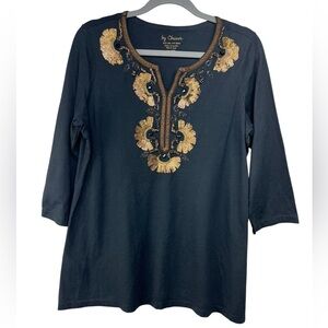 Chicos Black Gold Beaded Sequin V Neck 3/4 Sleeve Top Womens Large